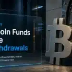 Bitcoin ETF outflows illustrated by a metal Bitcoin sculpture beside a custody vault