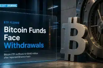 Bitcoin ETF outflows illustrated by a metal Bitcoin sculpture beside a custody vault