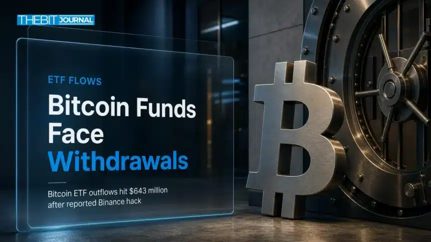 Bitcoin ETF outflows illustrated by a metal Bitcoin sculpture beside a custody vault