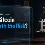 Steel Bitcoin sculpture on brass scales, illustrating the question is Bitcoin a good investment in 2026