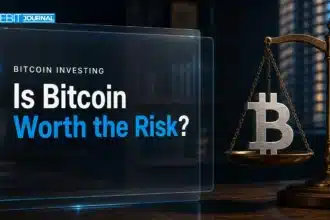 Steel Bitcoin sculpture on brass scales, illustrating the question is Bitcoin a good investment in 2026