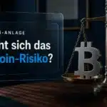 Bitcoin-Skulptur aus Stahl auf einer Messingwaage als Sinnbild für die Frage, ob sich Bitcoin lohnt