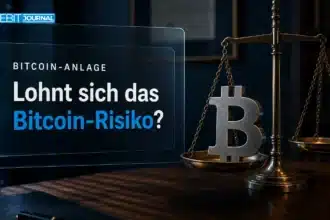 Bitcoin-Skulptur aus Stahl auf einer Messingwaage als Sinnbild für die Frage, ob sich Bitcoin lohnt