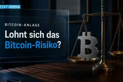 Bitcoin-Skulptur aus Stahl auf einer Messingwaage als Sinnbild für die Frage, ob sich Bitcoin lohnt