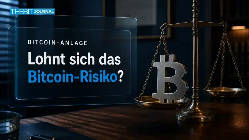 Bitcoin-Skulptur aus Stahl auf einer Messingwaage als Sinnbild für die Frage, ob sich Bitcoin lohnt