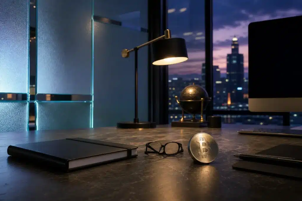 Quiet research desk with a Bitcoin paperweight and an unlit monitor at dusk