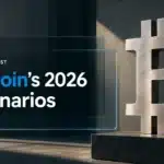 Brushed-metal Bitcoin sculpture in a gallery illustrating Bitcoin price prediction 2026 scenarios