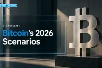 Brushed-metal Bitcoin sculpture in a gallery illustrating Bitcoin price prediction 2026 scenarios