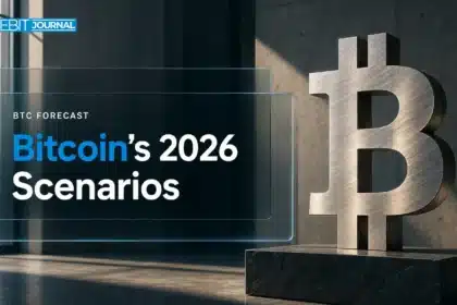 Brushed-metal Bitcoin sculpture in a gallery illustrating Bitcoin price prediction 2026 scenarios