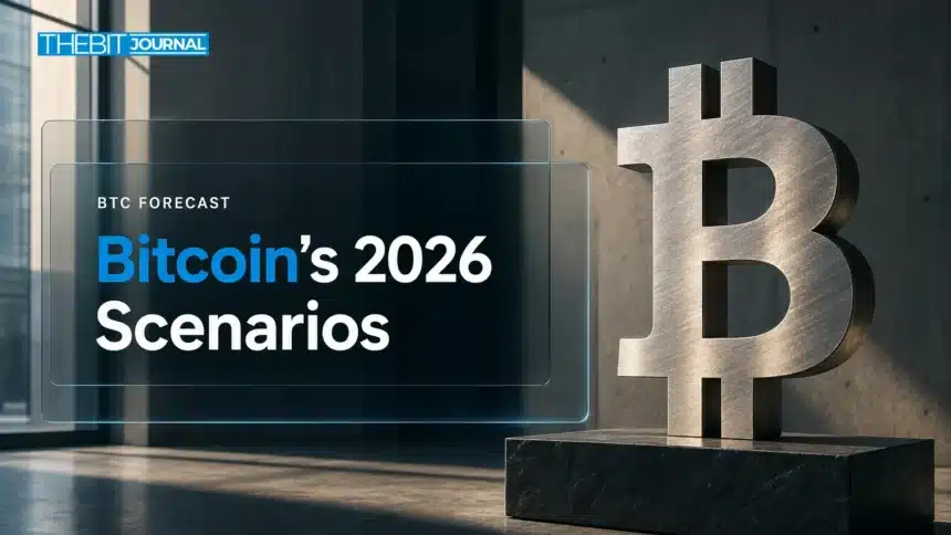 Brushed-metal Bitcoin sculpture in a gallery illustrating Bitcoin price prediction 2026 scenarios