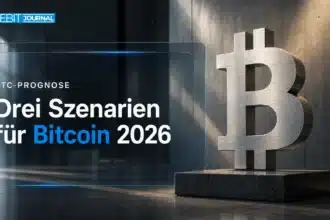 Bitcoin-Skulptur aus gebürstetem Metall in einer Galerie als Symbol für die Bitcoin Prognose 2026