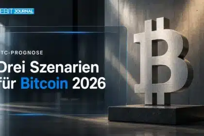 Bitcoin-Skulptur aus gebürstetem Metall in einer Galerie als Symbol für die Bitcoin Prognose 2026