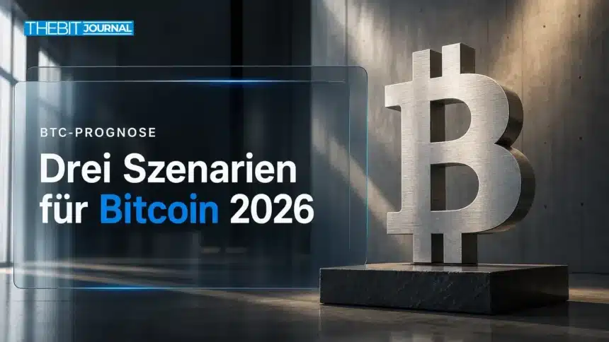 Bitcoin Prognose 2026: Szenarien, wichtige Kursmarken und Risiken 7 Bitcoin-Skulptur aus gebürstetem Metall in einer Galerie als Symbol für die Bitcoin Prognose 2026
