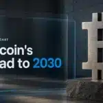 Brushed-metal Bitcoin sculpture illustrating a Bitcoin price prediction 2026-2030