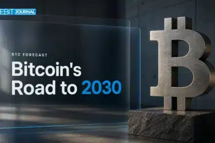 Brushed-metal Bitcoin sculpture illustrating a Bitcoin price prediction 2026-2030