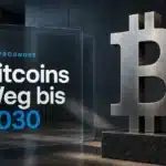 Bitcoin-Skulptur aus gebürstetem Metall als Symbol für die Bitcoin Prognose 2030