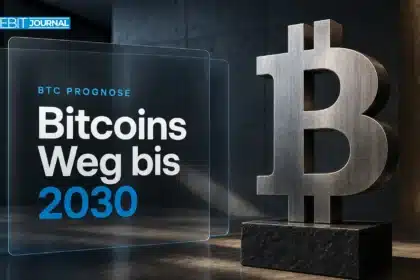 Bitcoin-Skulptur aus gebürstetem Metall als Symbol für die Bitcoin Prognose 2030