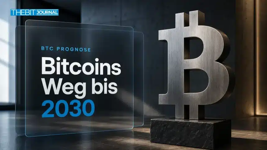 Bitcoin Prognose 2030: Kursszenarien ab 2026, Treiber und Risiken 7 Bitcoin-Skulptur aus gebürstetem Metall als Symbol für die Bitcoin Prognose 2030