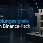 Bitcoin-Skulptur aus gebürstetem Metall im Serverraum als Symbol für eine Bitcoin Kurs Erholung nach dem Binance-Hack