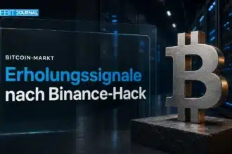 Bitcoin-Skulptur aus gebürstetem Metall im Serverraum als Symbol für eine Bitcoin Kurs Erholung nach dem Binance-Hack