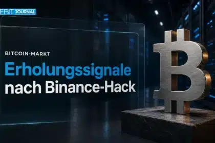 Bitcoin-Skulptur aus gebürstetem Metall im Serverraum als Symbol für eine Bitcoin Kurs Erholung nach dem Binance-Hack