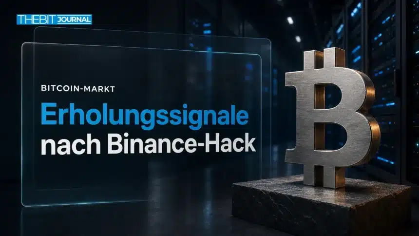 Bitcoin-Skulptur aus gebürstetem Metall im Serverraum als Symbol für eine Bitcoin Kurs Erholung nach dem Binance-Hack