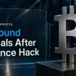 Brushed-metal Bitcoin sculpture in a dim server room illustrating signs of a bitcoin price rebound after the Binance hack