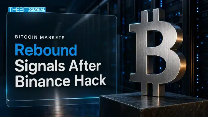 Bitcoin Price Rebound Signs Emerge as Binance Hack Liquidations Hit $1.6B 7 Brushed-metal Bitcoin sculpture in a dim server room illustrating signs of a bitcoin price rebound after the Binance hack