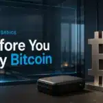 Illustrative desk scene with a metal Bitcoin symbol and closed hardware wallet case