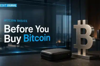 Illustrative desk scene with a metal Bitcoin symbol and closed hardware wallet case