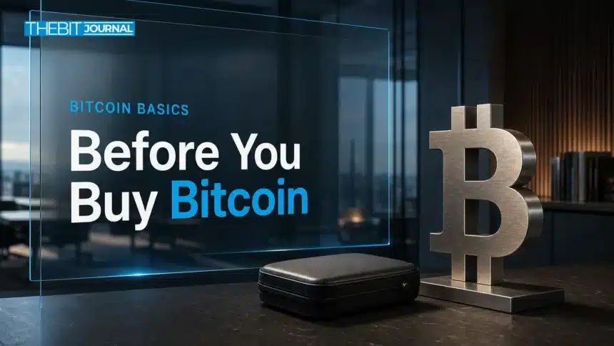 Illustrative desk scene with a metal Bitcoin symbol and closed hardware wallet case