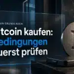 Bitcoin kaufen: Metallsymbol und geschlossenes Hardware-Wallet-Etui auf einem Schreibtisch