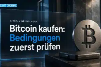 Bitcoin kaufen: Metallsymbol und geschlossenes Hardware-Wallet-Etui auf einem Schreibtisch
