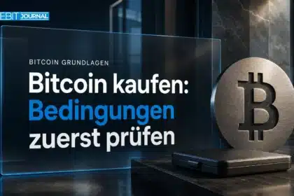 Bitcoin kaufen: Metallsymbol und geschlossenes Hardware-Wallet-Etui auf einem Schreibtisch