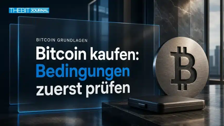 Bitcoin kaufen: Metallsymbol und geschlossenes Hardware-Wallet-Etui auf einem Schreibtisch