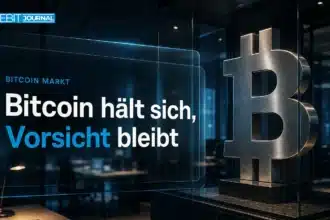 Bitcoin-Skulptur hinter Sicherheitsglas als Symbol für vorsichtige Marktbewertung nach dem Binance Hack