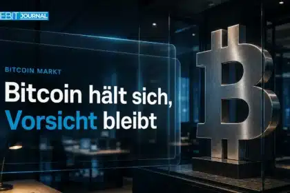 Bitcoin-Skulptur hinter Sicherheitsglas als Symbol für vorsichtige Marktbewertung nach dem Binance Hack