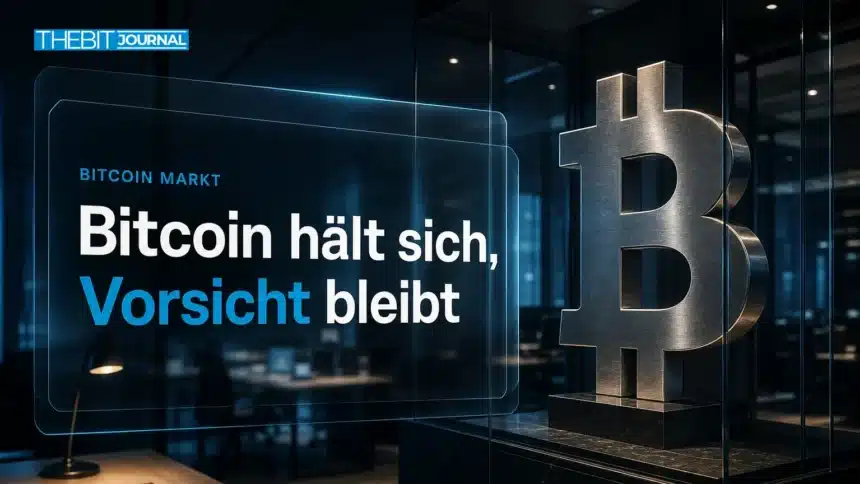 Bitcoin-Skulptur hinter Sicherheitsglas als Symbol für vorsichtige Marktbewertung nach dem Binance Hack