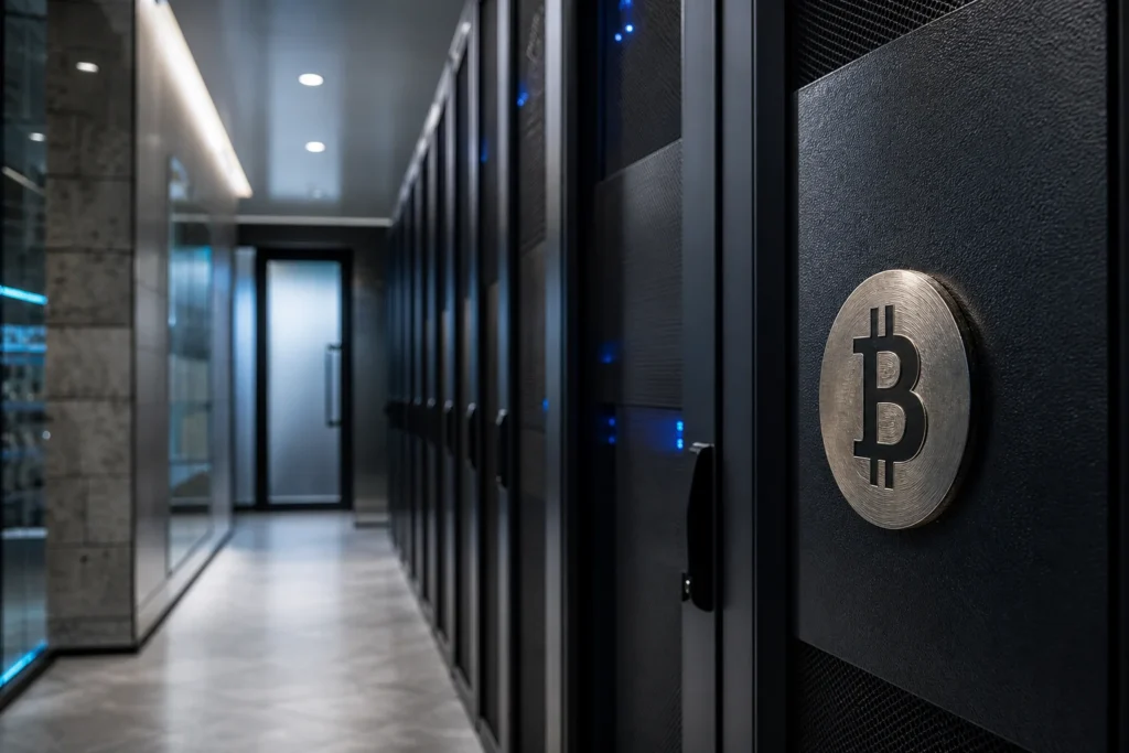 Physical Bitcoin emblem attached to a server cabinet in a quiet data center