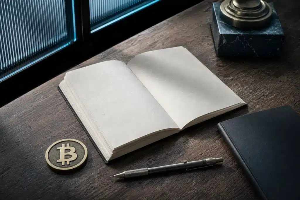 Brass Bitcoin emblem beside an open ledger and notebook on a research desk