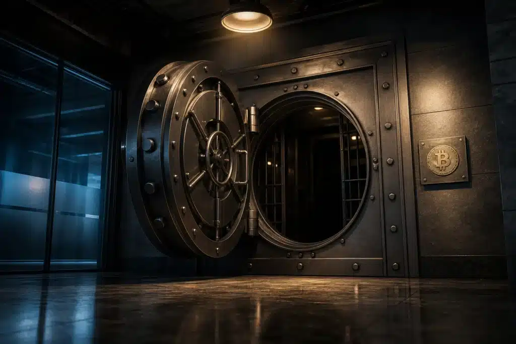 Bitcoin Prognose 2026: Szenarien, wichtige Kursmarken und Risiken 8 Geöffnete Stahltresortür mit gravierter Bitcoin-Plakette unter warmem Licht