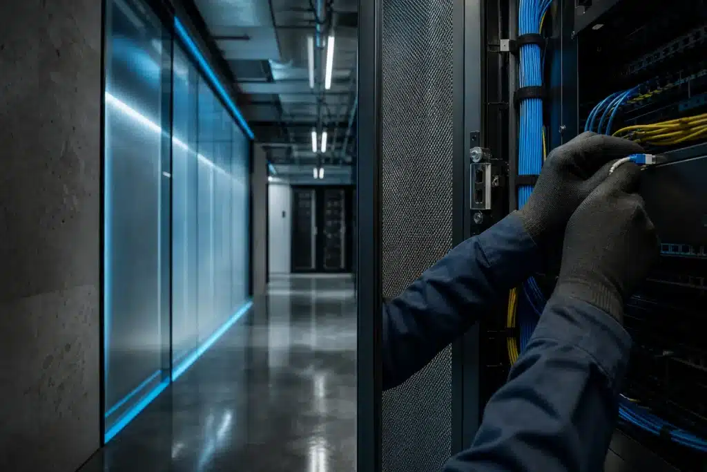 Gloved hands inspecting network connections beside a locked equipment cabinet