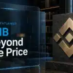 BNB illustrated by a brushed-metal emblem in a financial research library