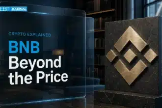 BNB illustrated by a brushed-metal emblem in a financial research library
