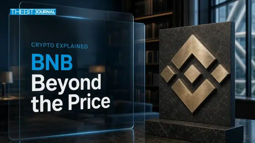 BNB illustrated by a brushed-metal emblem in a financial research library