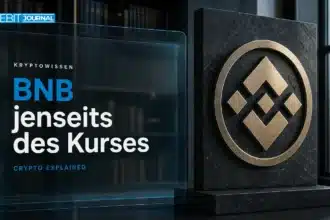 BNB Coin als gebürstete Metallskulptur auf einem Recherchepult im Finanzarchiv