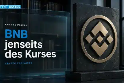 BNB Coin als gebürstete Metallskulptur auf einem Recherchepult im Finanzarchiv