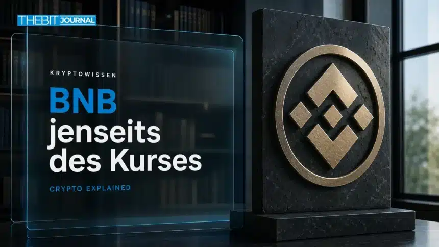 BNB Coin als gebürstete Metallskulptur auf einem Recherchepult im Finanzarchiv