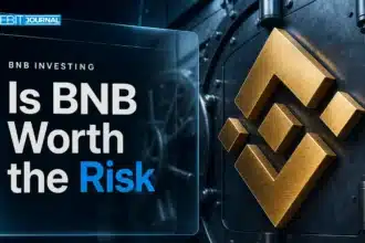 Gold BNB symbol sculpture on a vault door illustrating whether BNB is a good investment