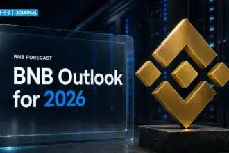 Gold BNB symbol sculpture in a data center illustrating the BNB price prediction 2026